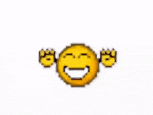a blurry picture of a cartoon smiley face with arms outstretched on a white background .