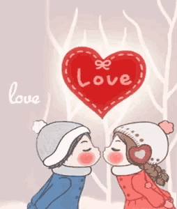 a boy and a girl kissing under a heart with the word love written on it