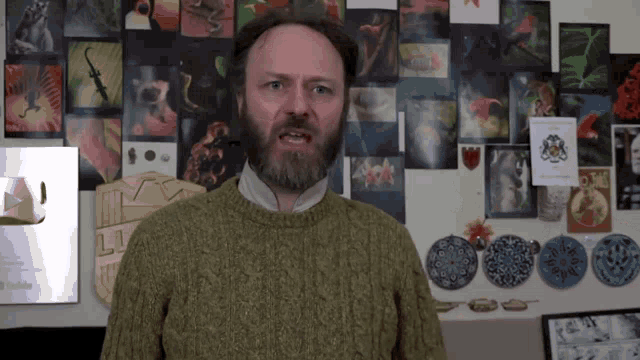 a man with a beard wearing a green sweater stands in front of a wall full of pictures