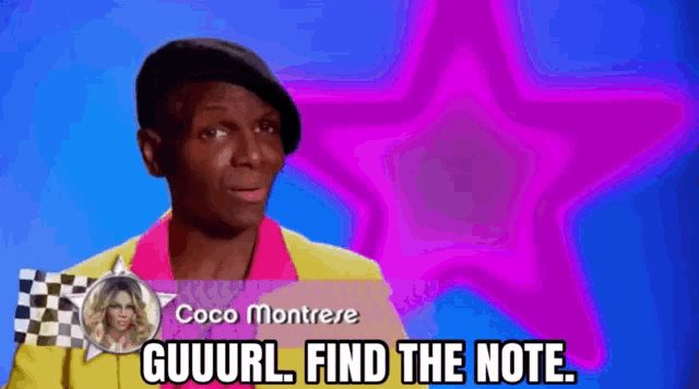 a man in a yellow jacket and black beret says " guuurl find the note "