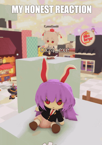 a cartoon character with purple hair and red eyes is sitting on a cube with a burger king sign in the background