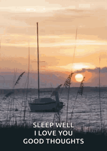 a sailboat is in the water at sunset with a message that says `` sleep well i love you good thoughts '' .