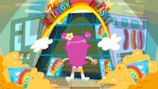 a cartoon of a girl standing in front of a building with the words rainbow blast written on it