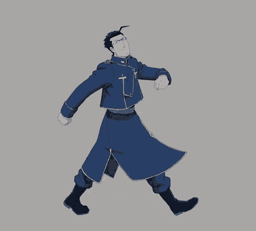 a man in a blue uniform with a cross on his chest is walking on a gray background .