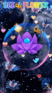 a purple flower is in a bubble with the words bee & flower written above it