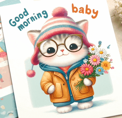 a cat wearing a hat and glasses holds a bouquet of flowers on a card that says good morning baby