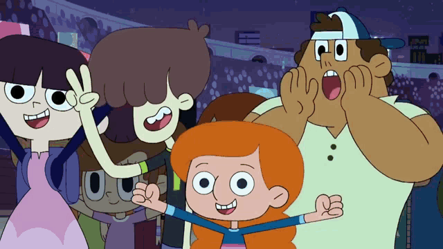a group of cartoon characters are standing in a stadium and one of them is giving a peace sign