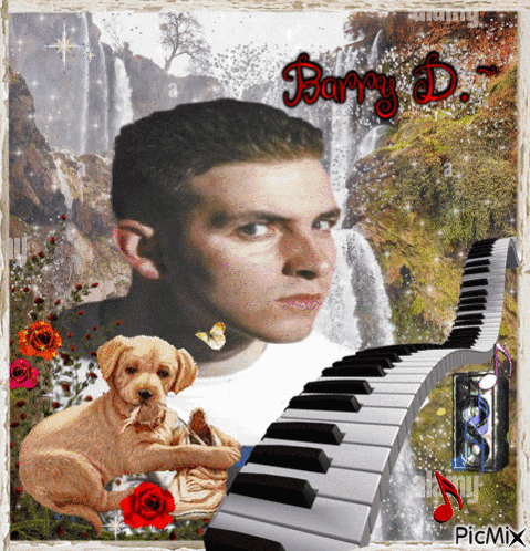 a picture of a man with a dog and a piano with the name barry on it