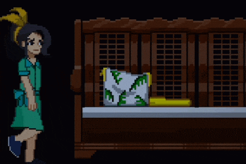 a pixel art of a girl walking in front of a pillow