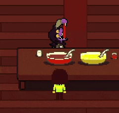 a pixel art of a person standing in front of a table with bowls of food .