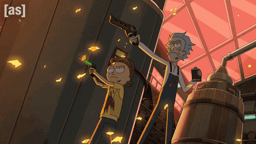 a cartoon of rick and morty holding guns with the words [ as ] on the bottom left