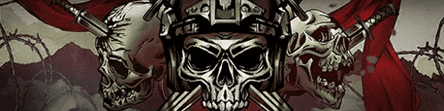 a drawing of a skull with a helmet and swords