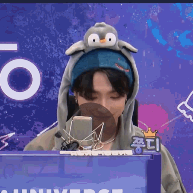 a man wearing a penguin hat is sitting at a desk with a microphone