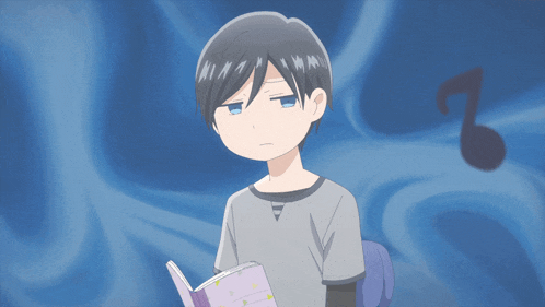 a boy is reading a book with a blue background
