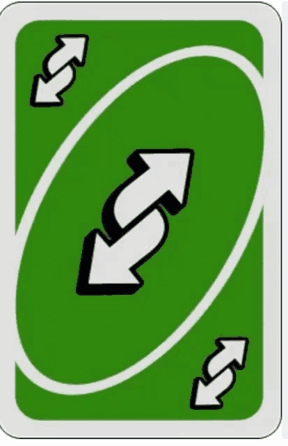 the back of a green uno card with two white arrows pointing in opposite directions .