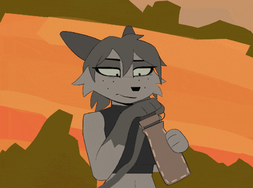 a cartoon drawing of a cat drinking from a brown bottle