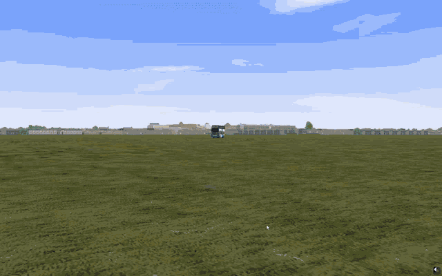 a computer generated image of a large grassy field with a building in the background