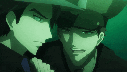 two anime characters are standing next to each other and one of them is wearing a hat