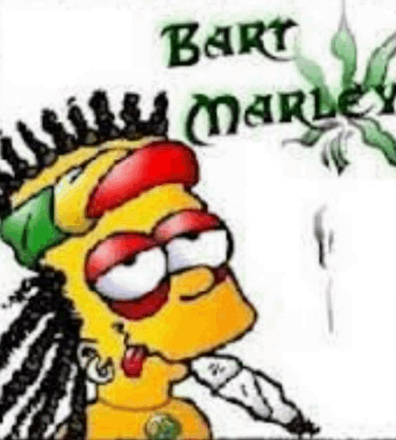 bart simpson is wearing dreadlocks and smoking a marijuana cigarette .