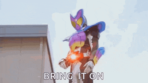 a superhero is flying in the air with the words `` bring it on '' written below him .