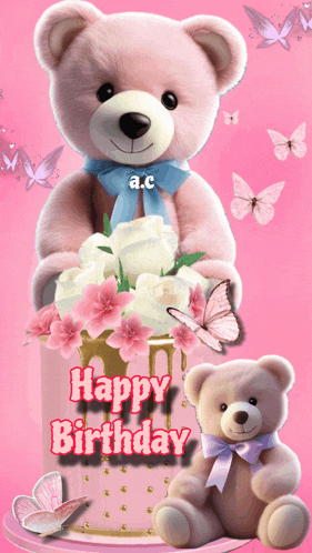 a pink teddy bear is holding a bouquet of flowers in front of a birthday cake