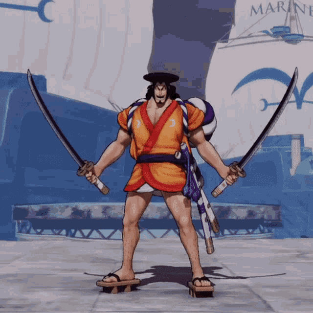 a cartoon character holding two swords in front of a marine ship