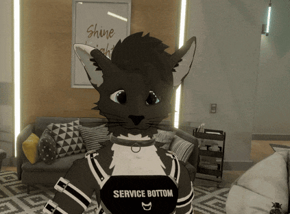 a furry cat wearing a service bottom vest in a living room