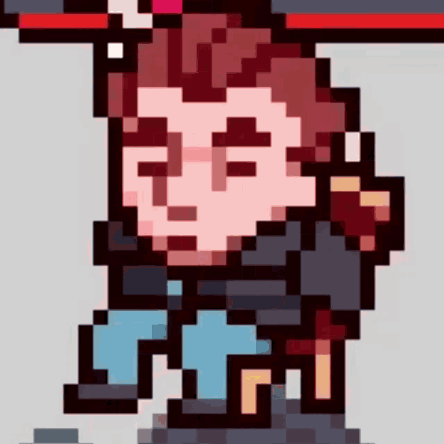 a pixel art drawing of a man holding a red sword