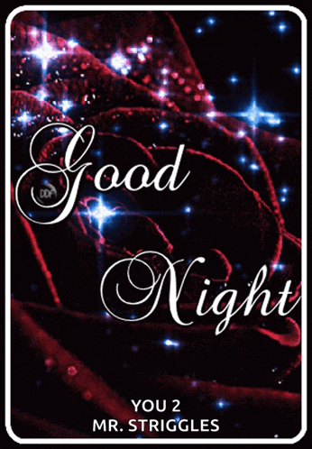 a card that says good night with a red rose in the background