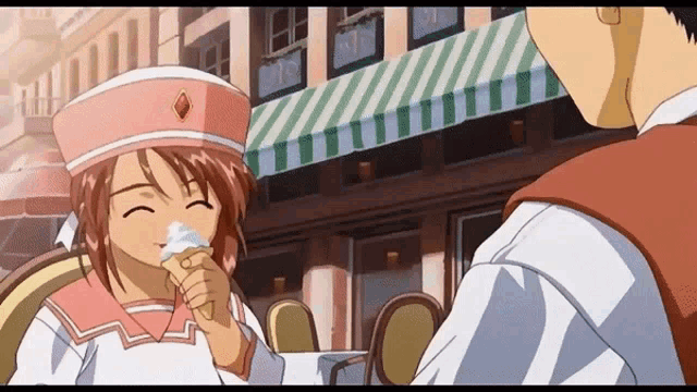 a girl in a pink hat is eating ice cream