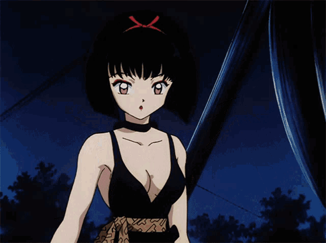 a girl with black hair and red eyebrows is holding a sword