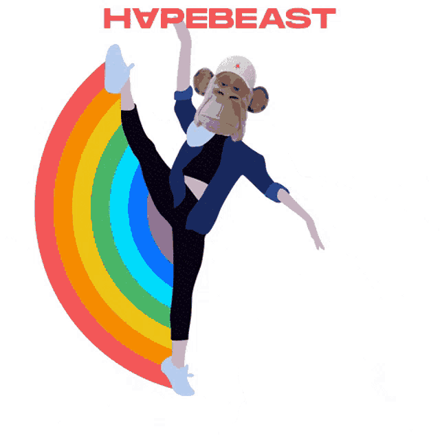 a monkey is doing a split in front of a rainbow with hypebeast written on the bottom