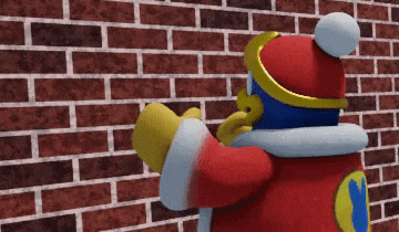a cartoon character is standing next to a brick wall holding a trophy .