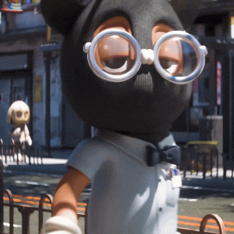 a cartoon character wearing glasses and a mask on his head