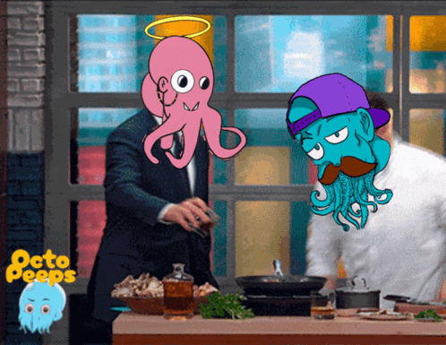 a cartoon octopus is standing next to a man in a suit with the words octo peeps on the bottom