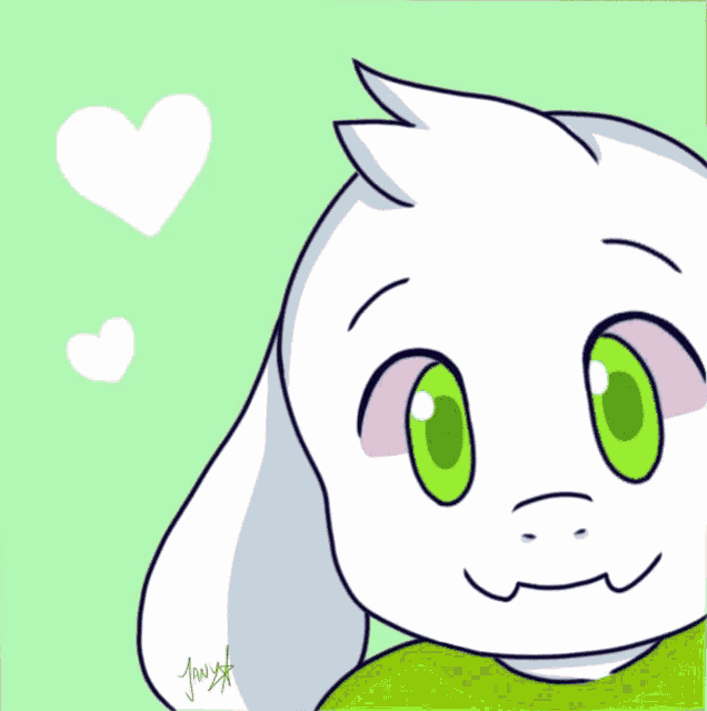 a drawing of a goat with green eyes and a green shirt with a heart in the background