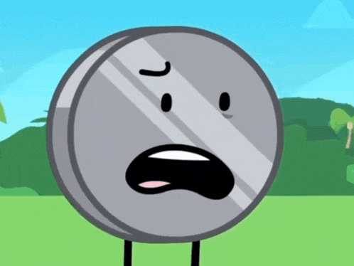 a cartoon drawing of a silver coin with a face
