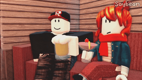 a couple of roblox characters sitting on a couch with soybean written on the bottom