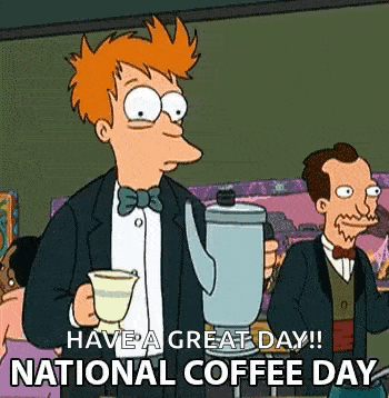 a cartoon man is holding a cup of coffee and a kettle .