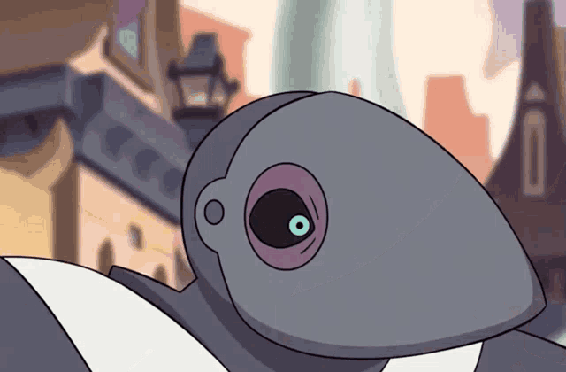 a close up of a cartoon character 's face with a building in the background