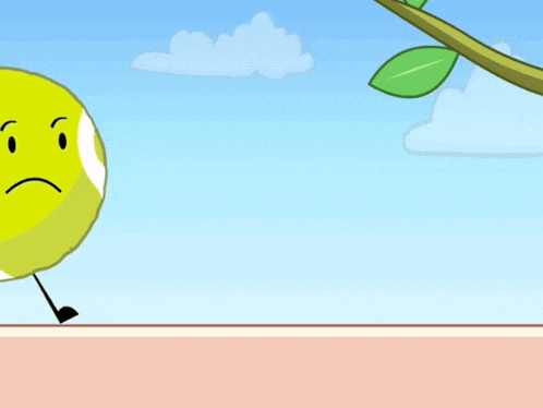 a cartoon tennis ball with a sad face and arms and legs