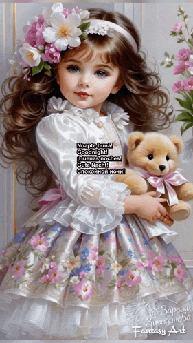 a painting of a little girl holding a teddy bear with flowers on her hair