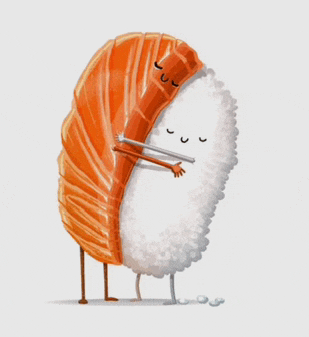 a cartoon drawing of a piece of sushi hugging a piece of rice