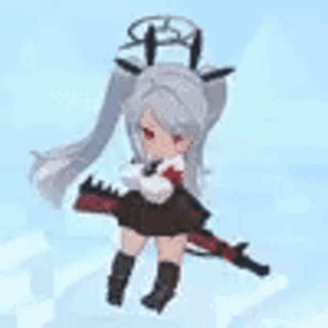 a little girl with long hair is holding a gun in her hand .