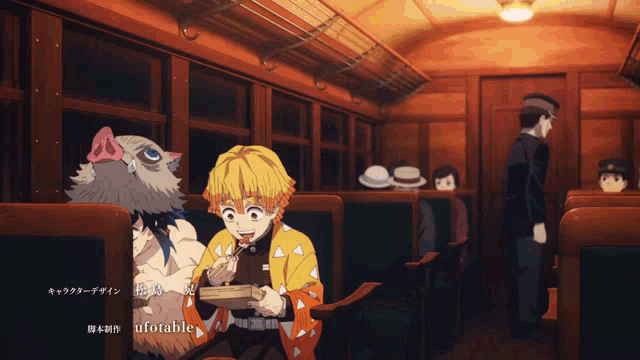 a man and a pig are sitting on a train with ufotable written on the bottom left