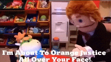 a puppet says i 'm about to orange justice all over your face while holding a stuffed animal .