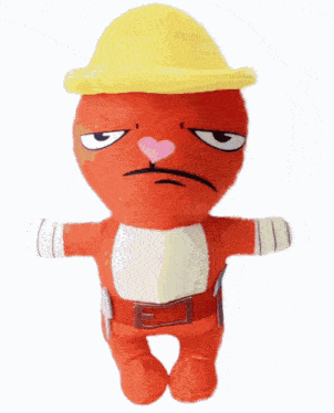 a stuffed animal with a yellow hard hat and a belt