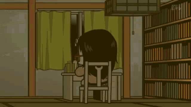 a cartoon of a girl sitting at a desk in a library