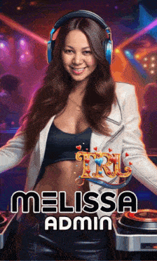 a woman wearing headphones and a white jacket with the name melissa admin on the bottom