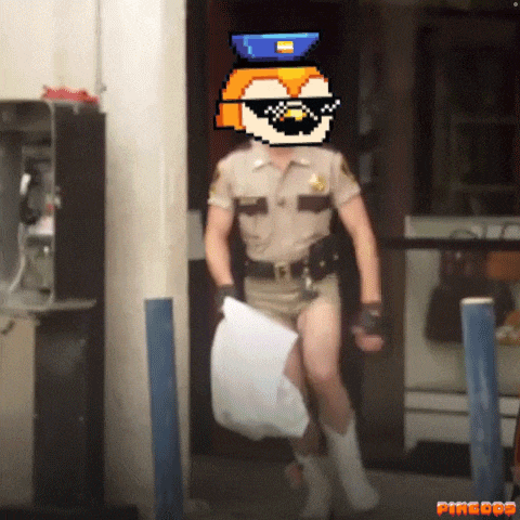 a pixel art of a man in a sheriff 's uniform holding a piece of paper